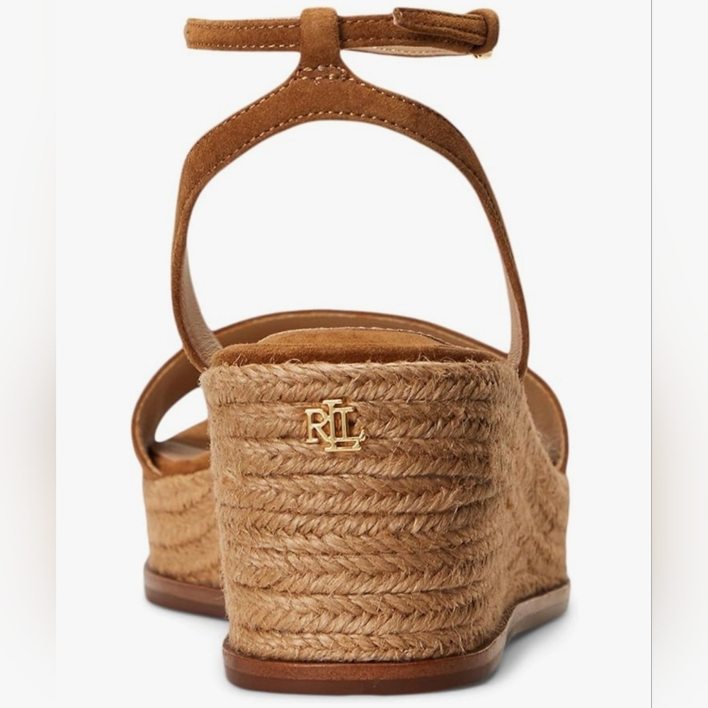 Lauren Ralph Lauren Leona Suede Leather Espadrille Heel Camel Whiskey Brown 9 - Picture 4 of 4